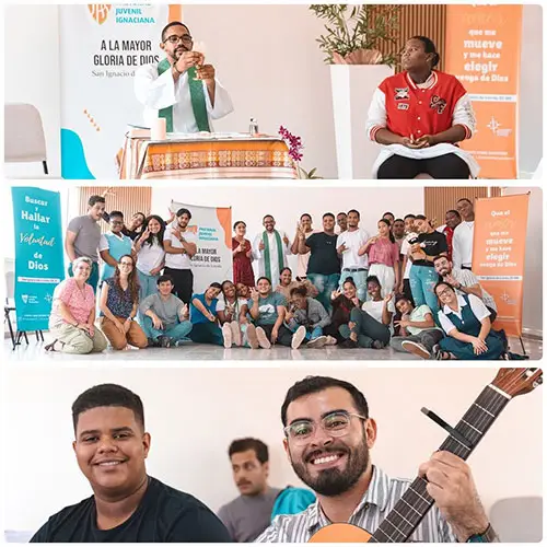 Collage de fotos de eucaristia, sacerdote y jóvenes